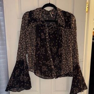 Free People Floral Black and Cream Women's Top